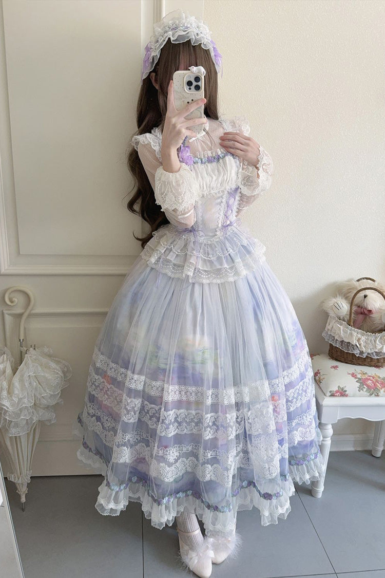 Light Purple Mist-shrouded Vineyard Sleeveless Ruffle Bowknot Lace-Up Sweet Lolita Jsk Skirt Dress Set