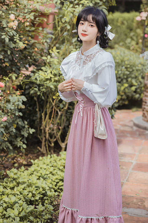 Pink Vintage Palace Style Ruffled Stripe Print High Waisted Classic Lolita Dress Skirt