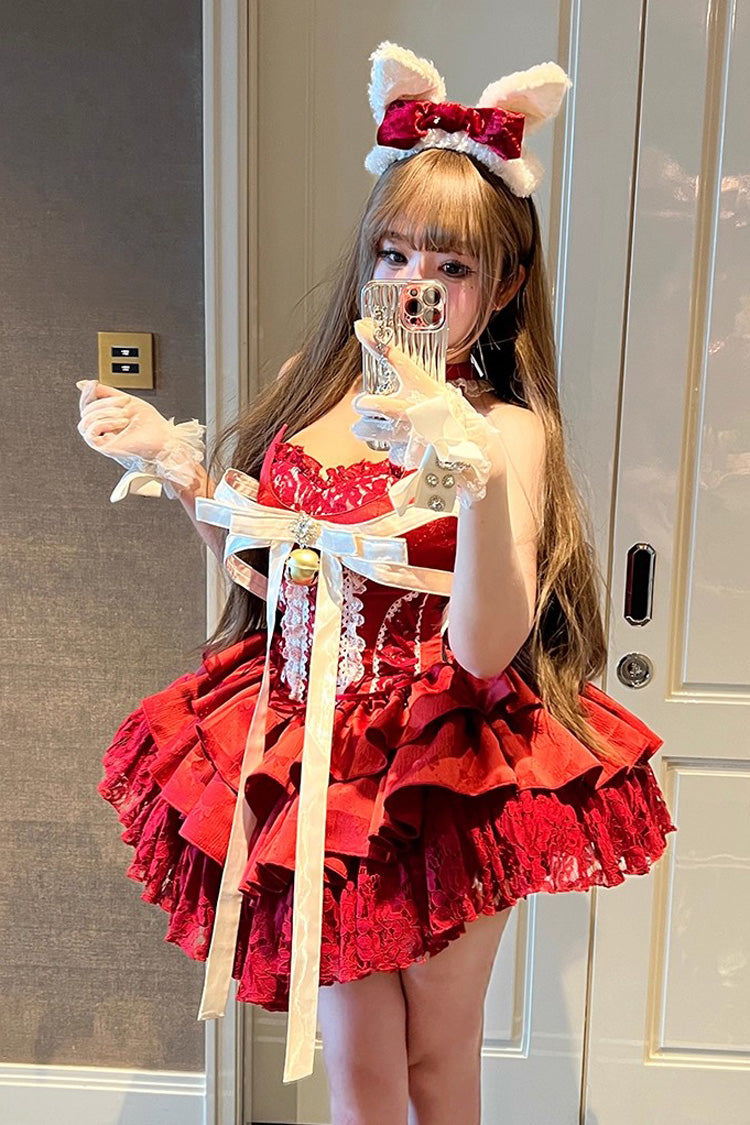 Red Holiday Lovers Sleeveless Triple-Layered Ruffle Hollow Bowknot Lace-Up Princess Ballet Sweet Lolita Dress