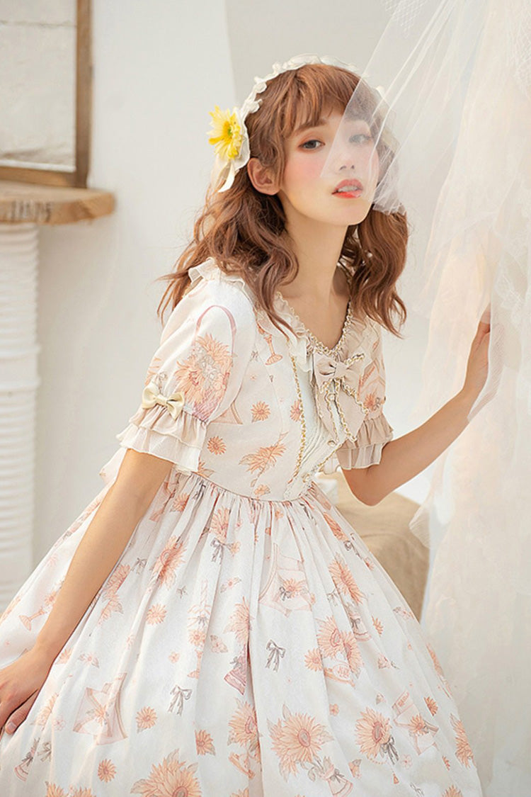Ivory Miss Sunflower Short Sleeves Printed Ruffled Bow Sweet Lolita Dress
