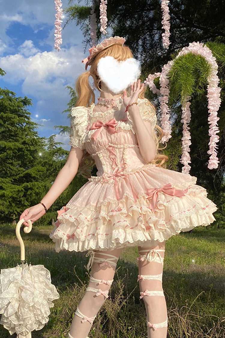 Pink Flory Butterfly Double-Layered Ruffle Bowknot Lace Lace-Up Sweet Ballet Lolita Jsk Dress