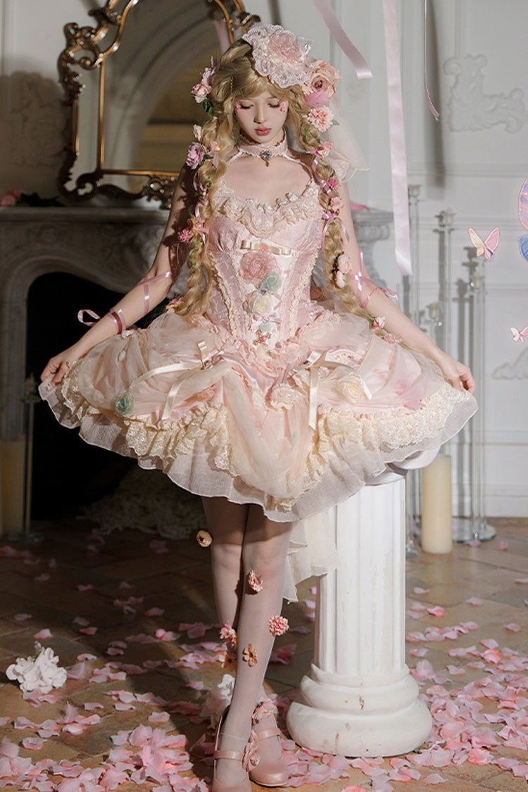 Pink Dream Garden Ruffle Hanayome Embroidery Bowknot Lace Fishbone Sweet Princess Gorgeous Lolita Jsk Dress