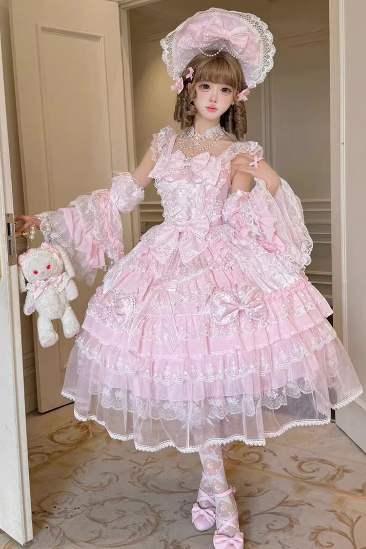 Pink Prelude of Spring Sleeveless Multi-Layered Ruffled Bow Lace Sweet Princess Lolita Jsk Dress