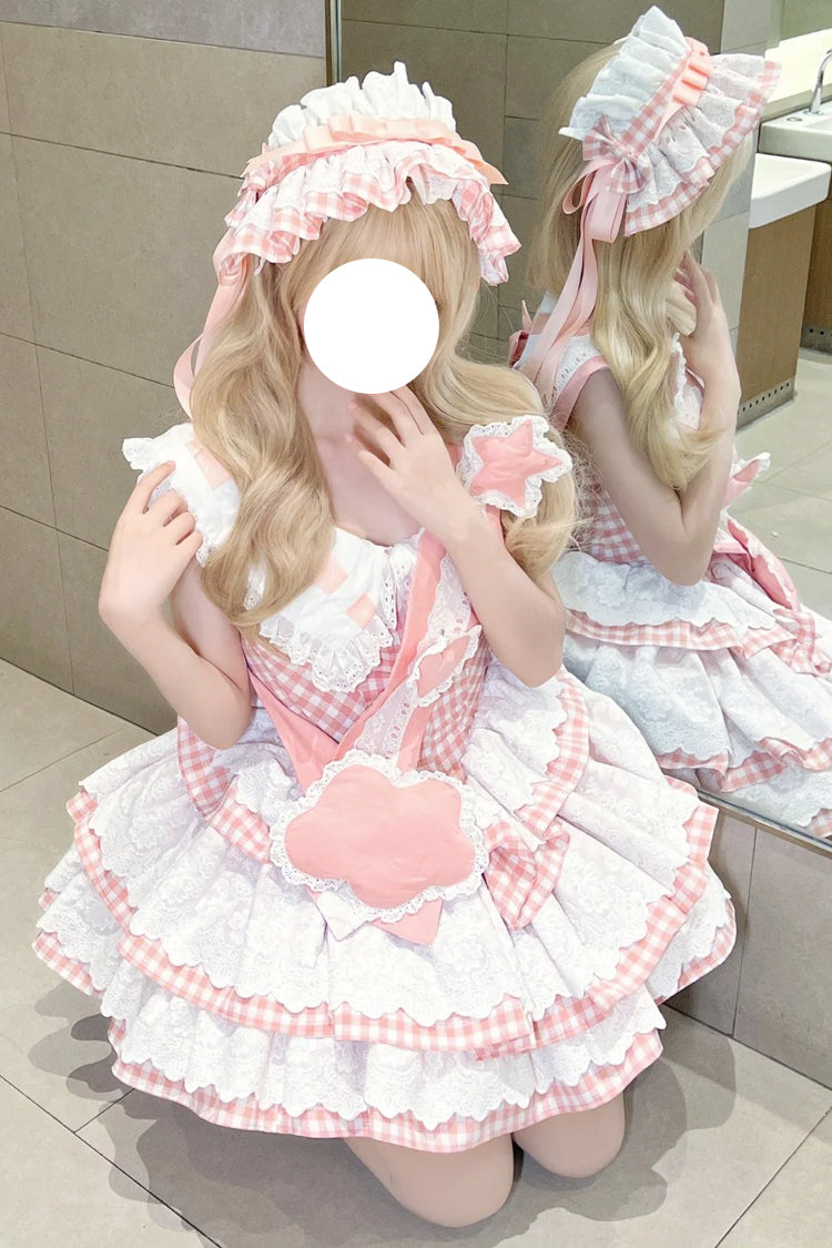 Pink Star Grant Angel Triple-Layered Print Ruffle Sweet Lolita Dress