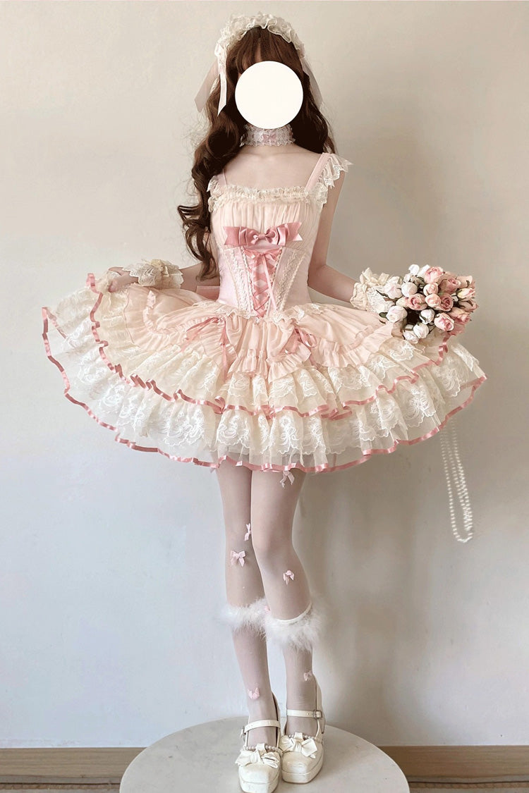 Pink Bale Bebe Sleeveless Triple-Layered Ruffled Bow Lace-Up Sweet Ballet Lolita Dress