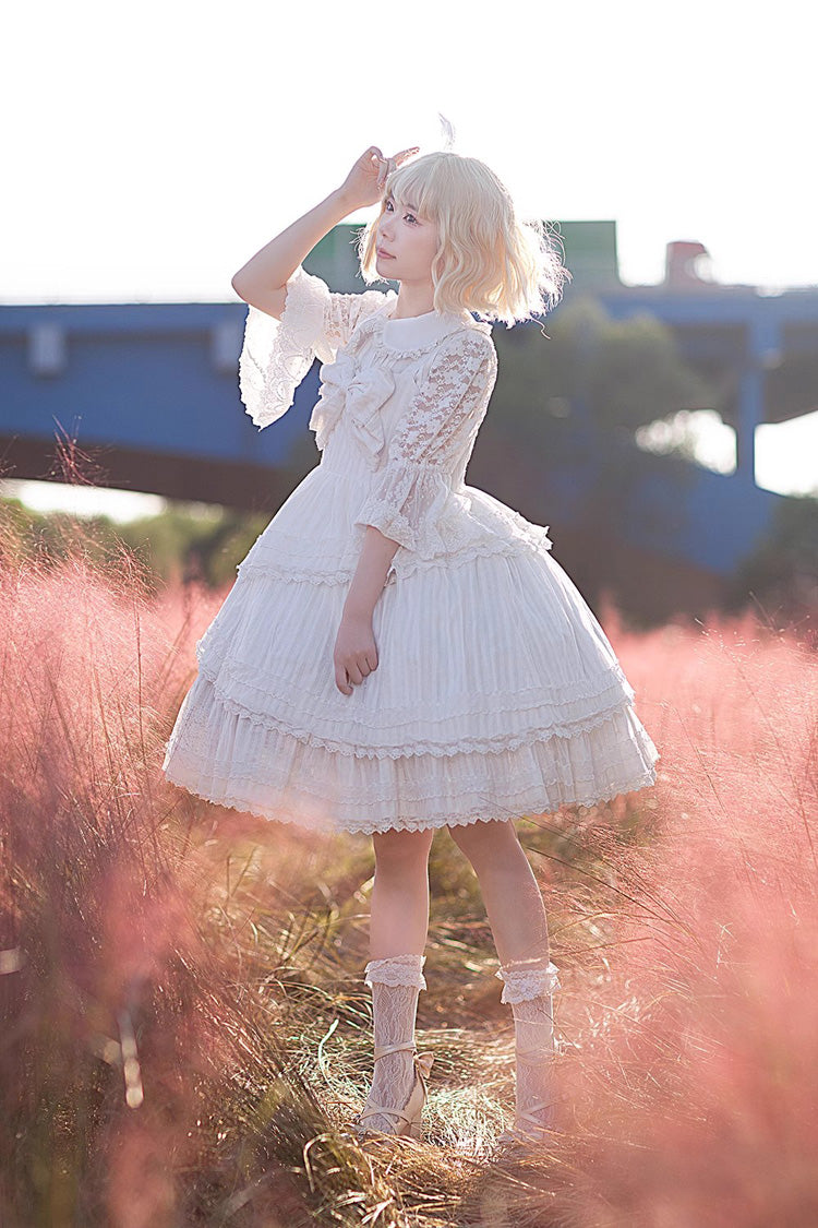 White Solid Color Tower of Dawn Bowknot Sleeveless Ruffle Sweet Lolita Dress