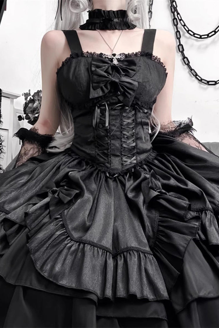 Black Butterfly Officer Triple-Layered Ruffle Bowknot Lace-Up Gothic Lolita Skirt Set