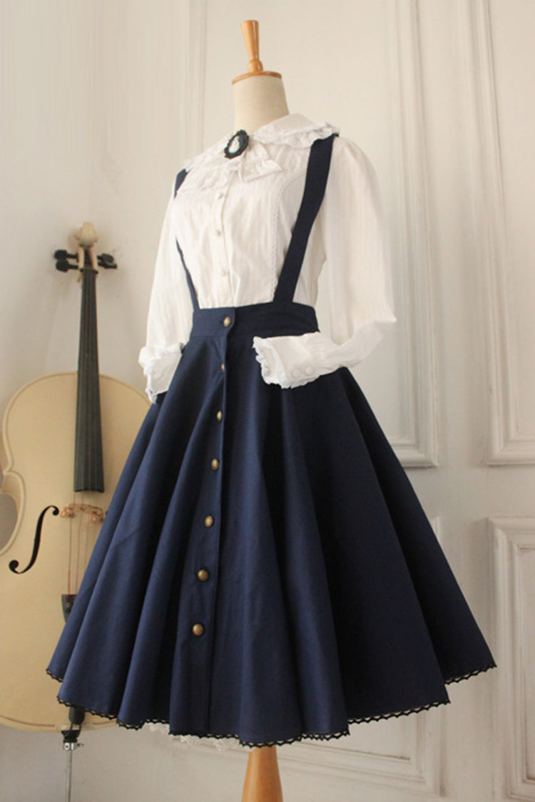 Dark Blue Vintage Single Breasted Ruffled Classic Lolita Skirt Strap Dress