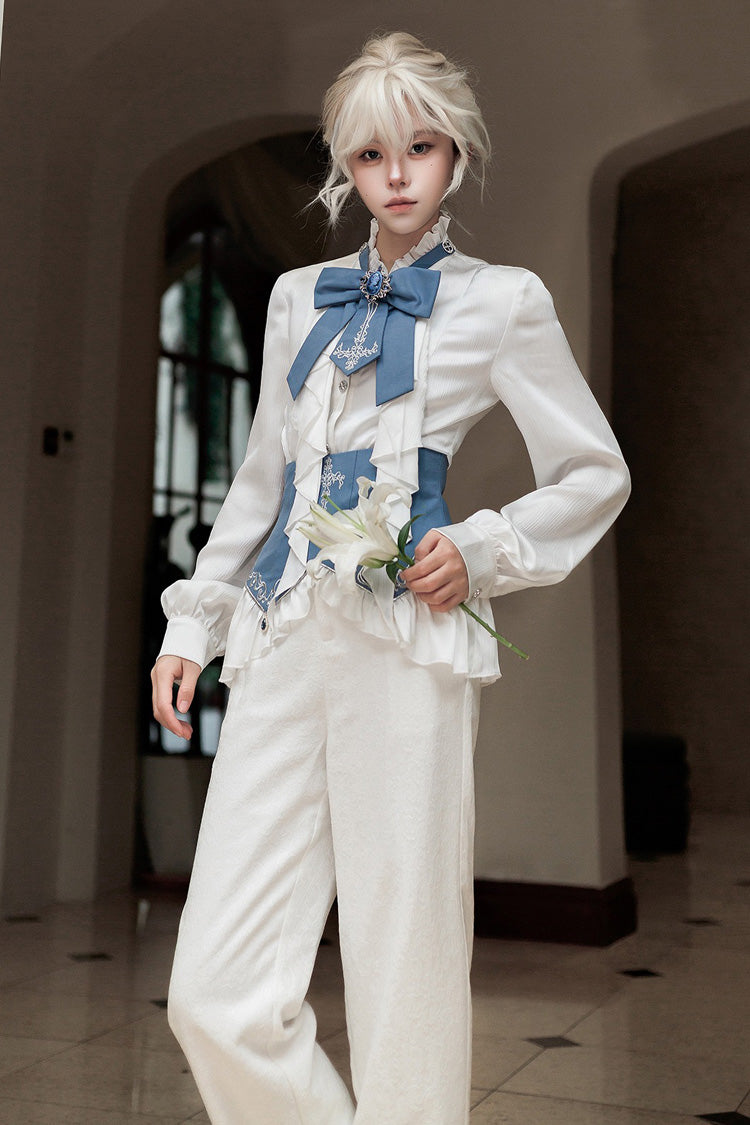 White Moonlit Paladin Prince Ruffle Embroidery Bowknot Classic Prince Handsome Ouji Lolita Set