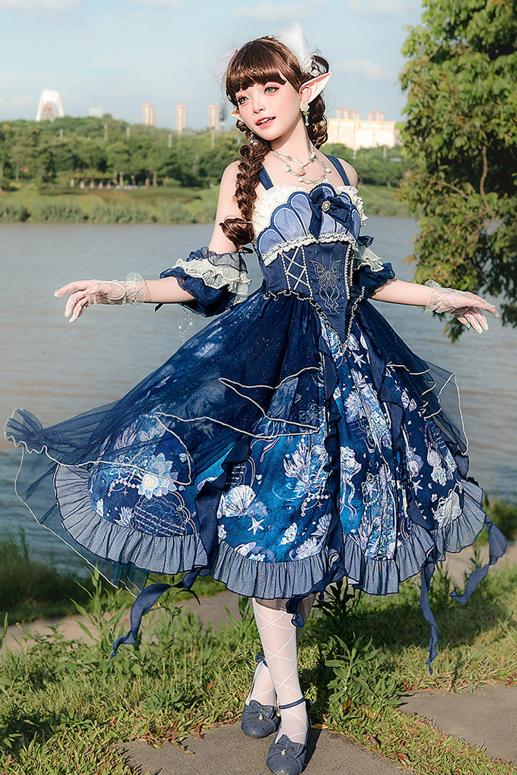 Blue Deep Sea Jellyfish Print Ruffle Lace Sweet Elegant Lolita Jsk Dress