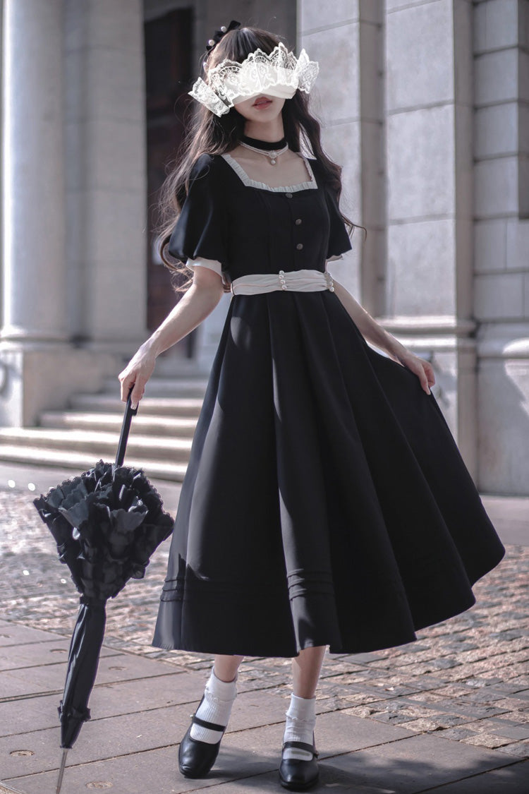 Black Random Thoughts Square Collar Short Sleeves Ruffle Classic Vintage Elegant Lolita Dress