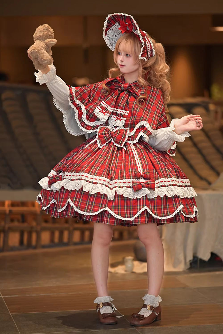 Red Gingham Petal Bunny Short Sleeves Printed Ruffled Bow Sweet Lolita OP Dress
