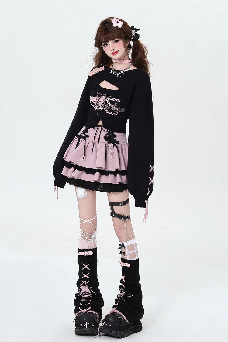 Rebellious Period Double-Layered Ruffle Lace-Up Gothic Japanese Lolita Skirt 3 Colors