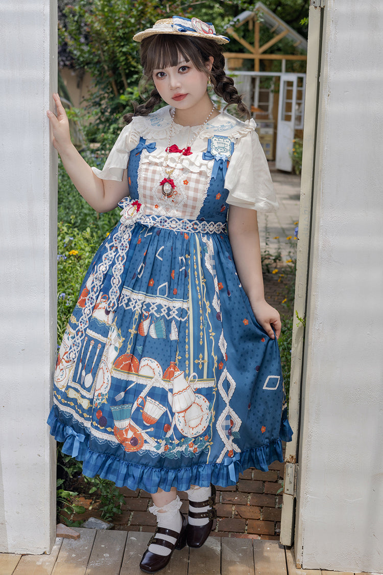 Dark Blue Tea Party Print Ruffle Bowknot Lace Sweet Elegant Lolita Jsk Dress