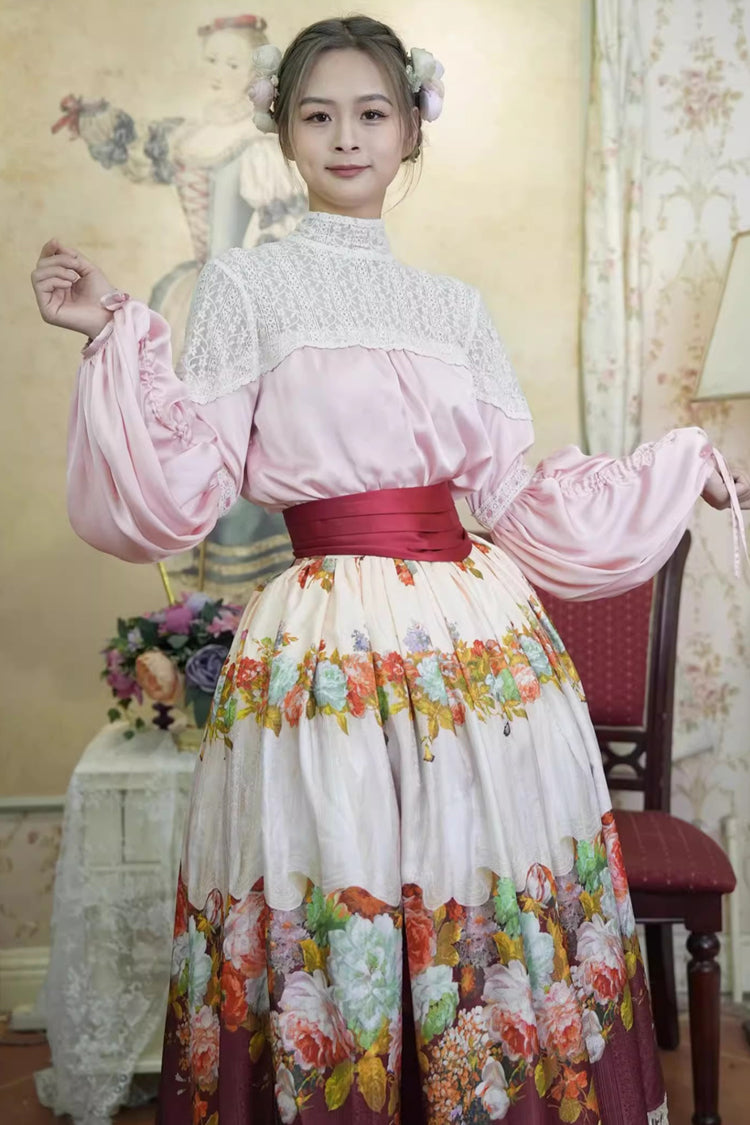 Red Rainy Season Garden Print Ruffle Sweet Classic Lolita Skirt