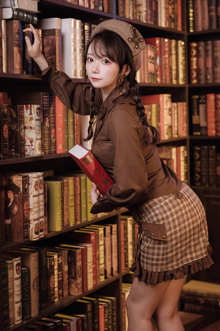 Brown Print Ruffle Lace-Up Rivet Vintage Ouji Lolita Shorts