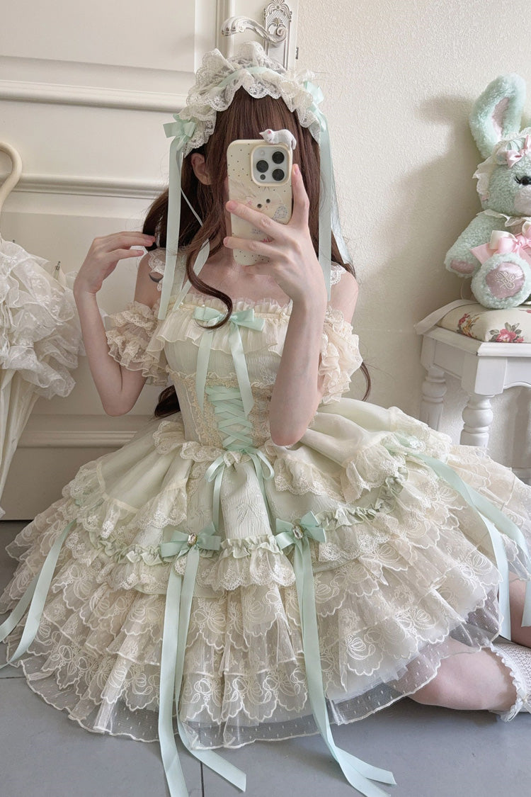 Green Ribbon Heart Love Sleeveless Multi-Layered Ruffle Bowknot Lace Lace-Up Sweet Princess Ballet Lolita Jsk Dress