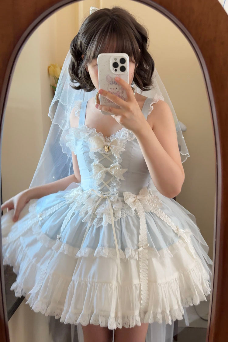 Blue Sweetheart Splolita Ruffle Bowknot Lace-Up Sweet Lolita Skirt Set