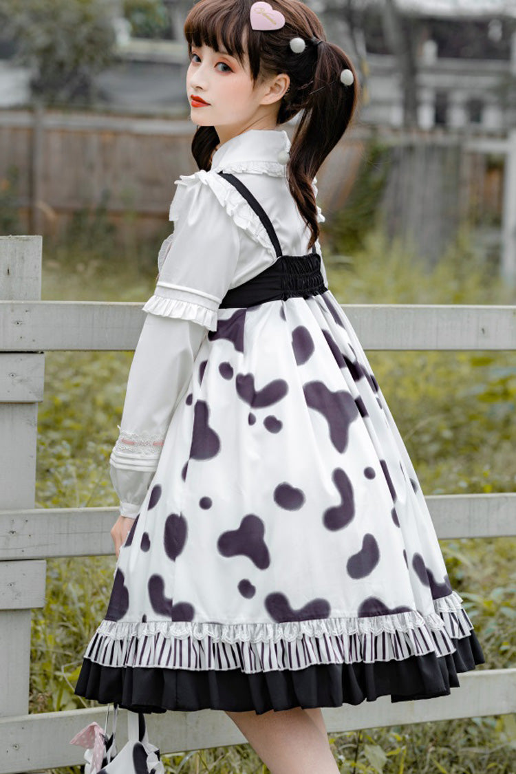 Black/White High Waist Ruffled Milk Pudding Printed Sweet Lolita Jsk Dress