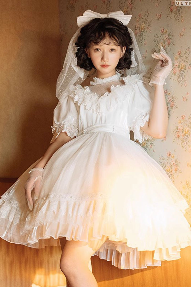 White Multi-Layered Ruffle Hanayome Hollow Bowknot Lace Sweet Vintage Gorgeous Lolita Dress