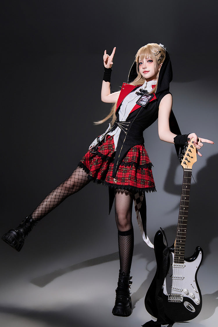 Black/Red Rock Bunny Sleeveless Double-Layered Embroidery Hooded Punk Lolita Skirt Set