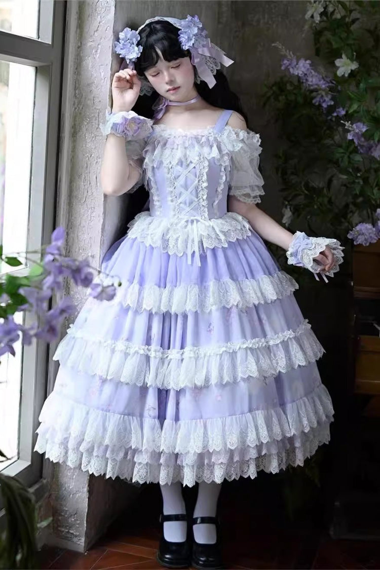 Purple Lavender Sleeveless Multi-Layered Print Ruffle Bowknot Lace-Up Sweet Elegant Lolita Jsk Dress Set