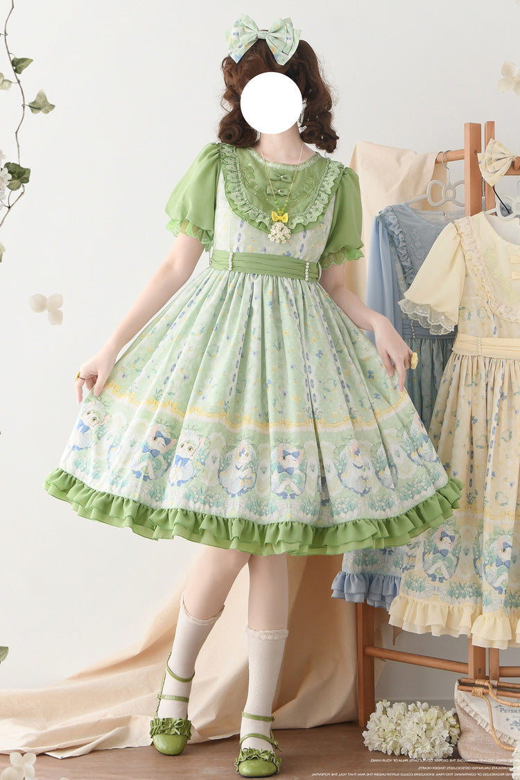 Green Lily of the Valley Cat Print Ruffle Embroidery Bowknot Sweet Lolita Dress