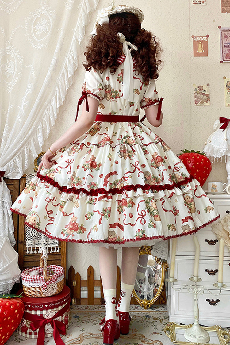 Bear's Strawberry Garden Lapel Collar Short Sleeves Print Bowknot Sweet Lolita Dress 4 Colors