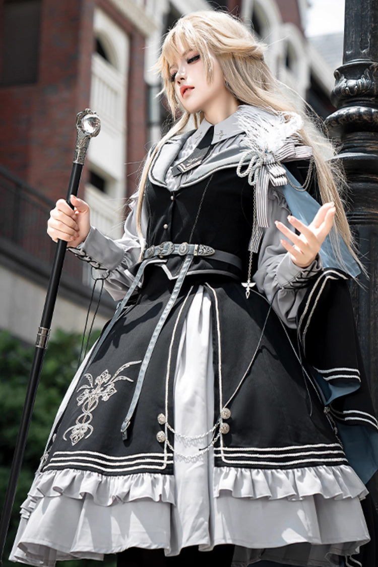 Black/Blue Dark Knight Contract Print Ruffle Gothic Military Elegant Lolita Skirt