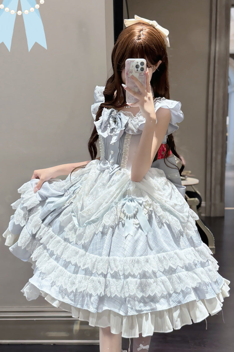 Blue Fairy Tale Advent Multi-Layered Ruffle Bowknot Lace Sweet Princess Gorgeous Lolita Tiered Dress