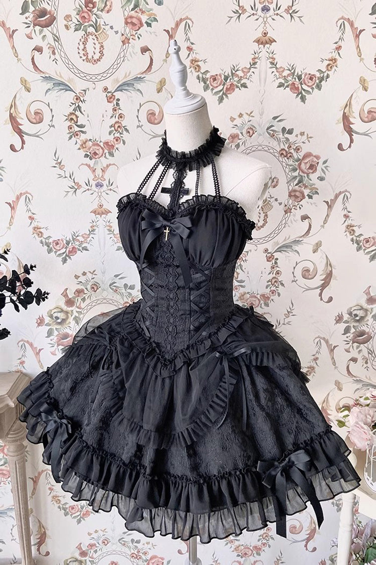 Dark Black Tube Top Sleeveless Blowknot Ruffled Gothic Lolita Tiered Dress