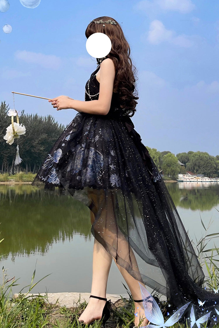 Blue Deep Sea Jellyfish Halterneck Sleeveless Print Embroidery Bowknot Lace Sweet Elegant Lolita Jsk Dress