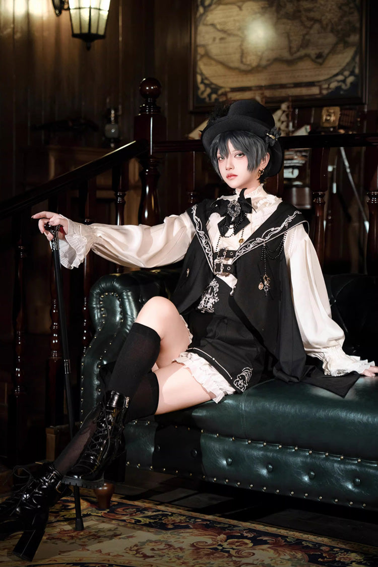 Black Rabbit-Ear Meteorite Stand Collar Long Sleeves Ruffled Embroidered Bow Gothic Ouji Lolita Shorts Vest Set