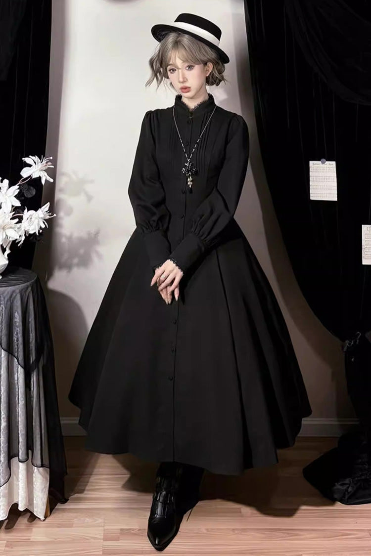 Black Astrea Long Puff Sleeves Slim Gothic Elegant Lolita Dress