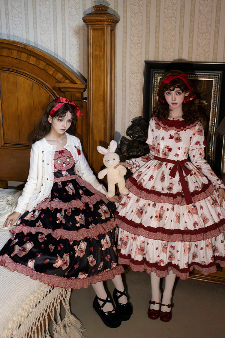 Blue/Pink Bell Strawberry Farm Embroidery Print Triple-Layered Ruffle Sweet Lolita JSK Dress
