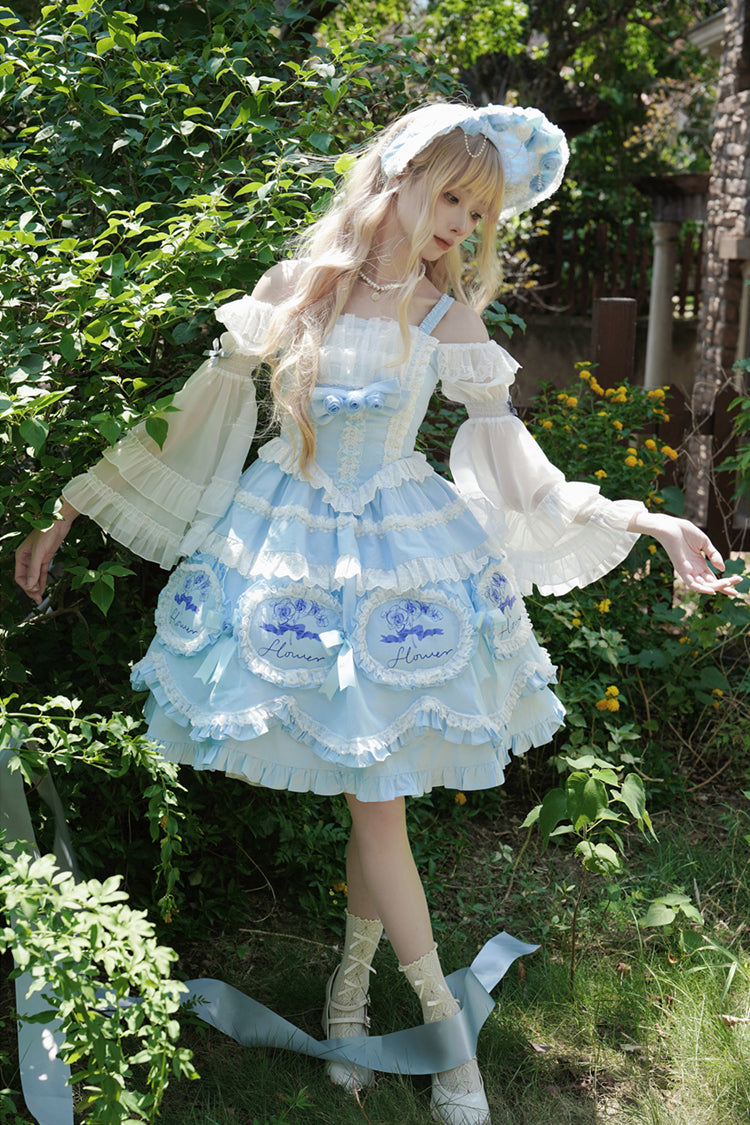 Blue Butterfly Dream Multi-Layered Print Ruffle Bowknot Sweet Princess Lolita Jsk Dress