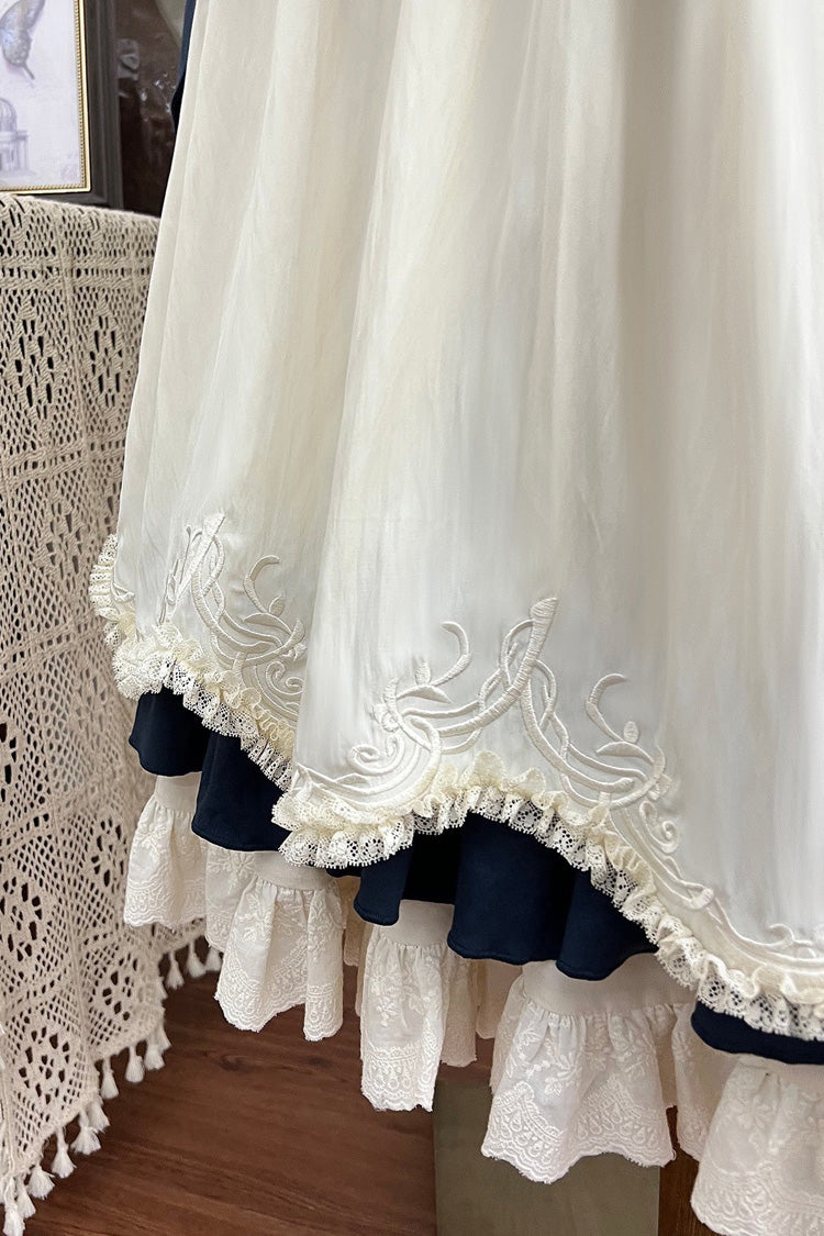Beige Morning Mist Coast Stand Collar Long Sleeves Ruffle Embroidery Vintage Elegant Lolita Skirt Dress Set