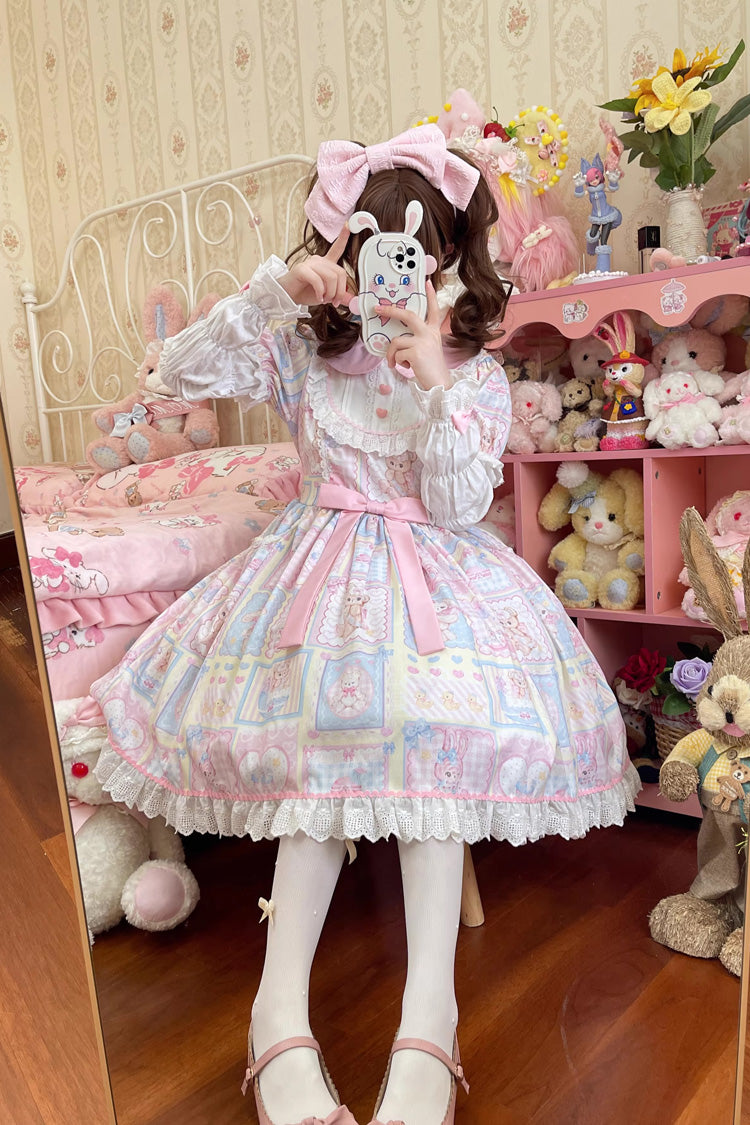 Sweetheart Bunny Bear Lapel Collar Long Sleeves Print Ruffle Bowknot Sweet Lolita Dress 3 Colors
