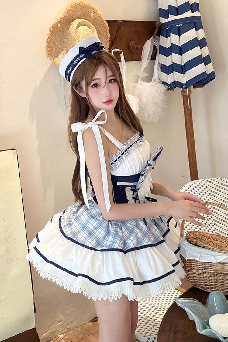 Blue/White Sailing Love Navy Collar Sleeveless Plaid Print Ruffle Bowknot Sweet Lolita Dress