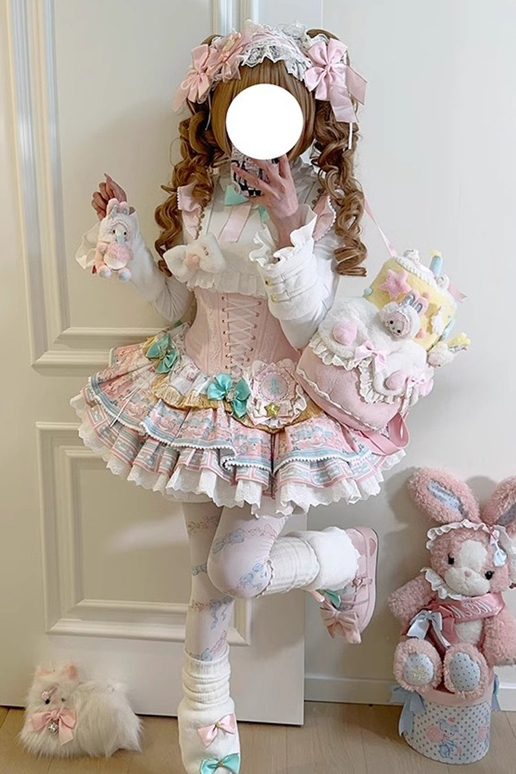 Pink Candy House Multi-Layered Print Ruffle Bowknot Lace-Up Sweet Ballet Lolita Jsk Dress