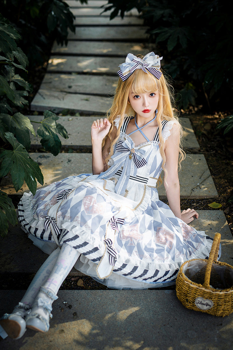 Light Blue Heart Print Bowknot Sweet Princess Alice Lolita Jsk Dress