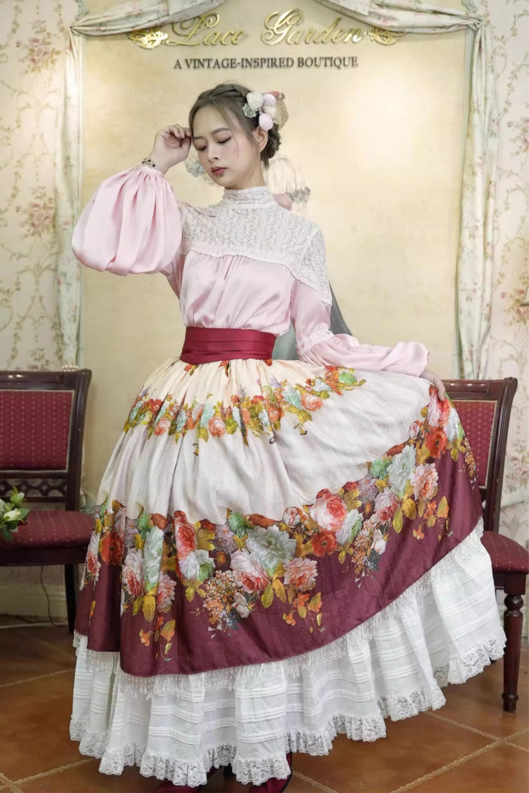 Red Rainy Season Garden Print Ruffle Sweet Classic Lolita Skirt