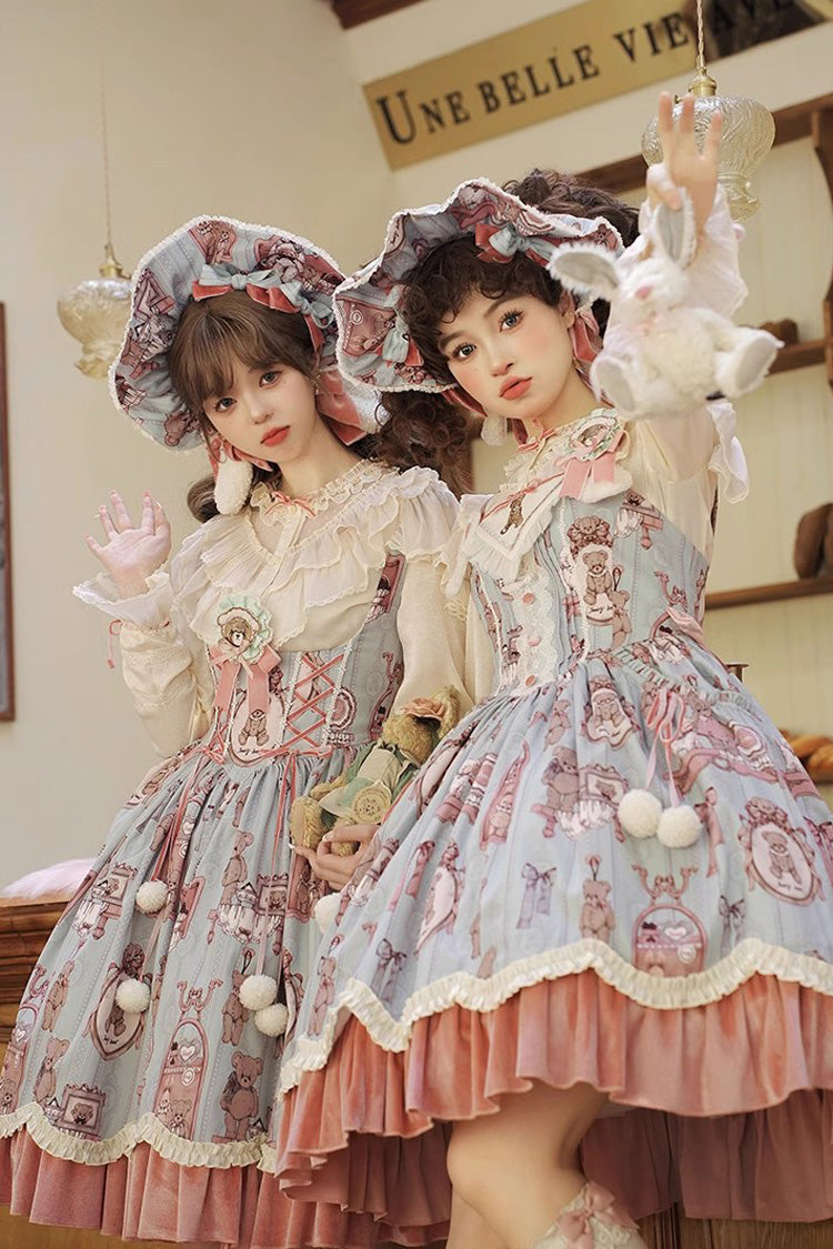 Pink/Green Bear Doll Wall Print Ruffle Embroidery Bowknot Sweet Lolita Jsk Dress