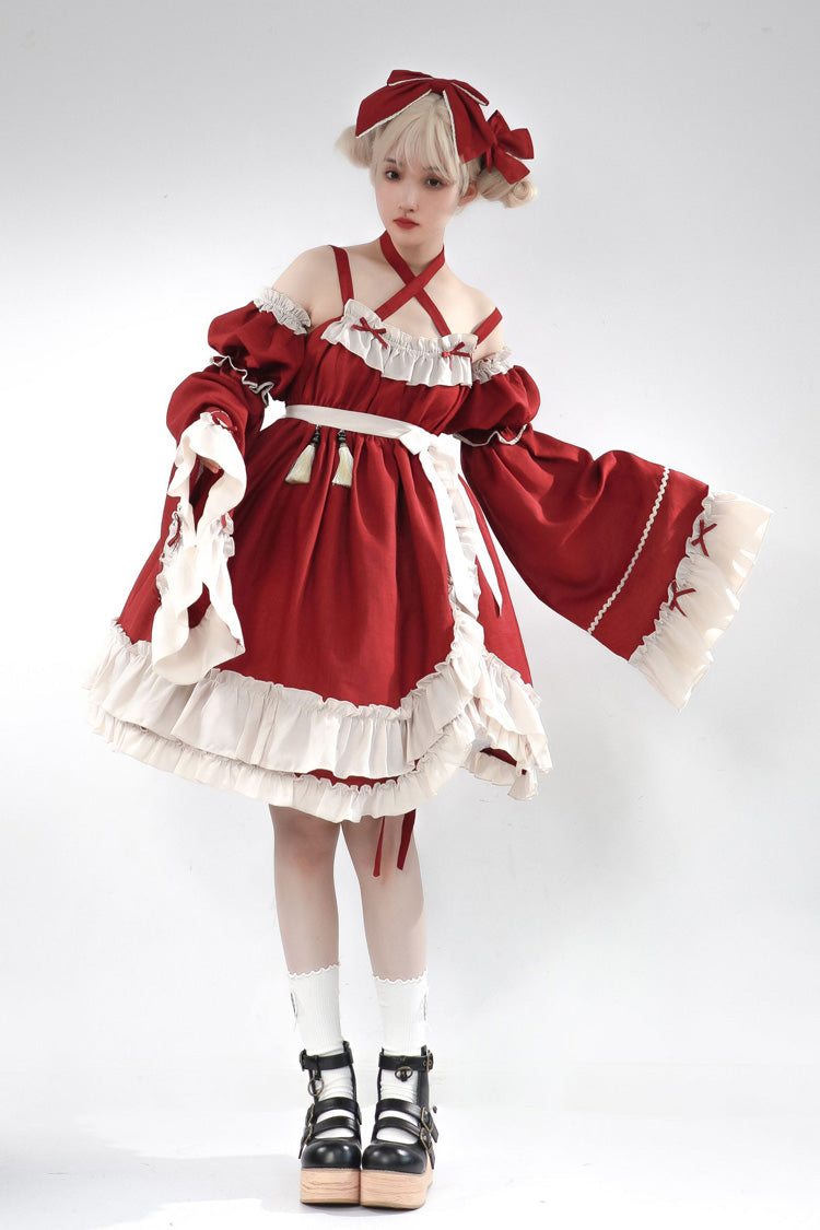Red Monet Estate Sleeveless High Waisted Ruffle Bowknot Asymmetric Gothic Lolita Jsk Dress