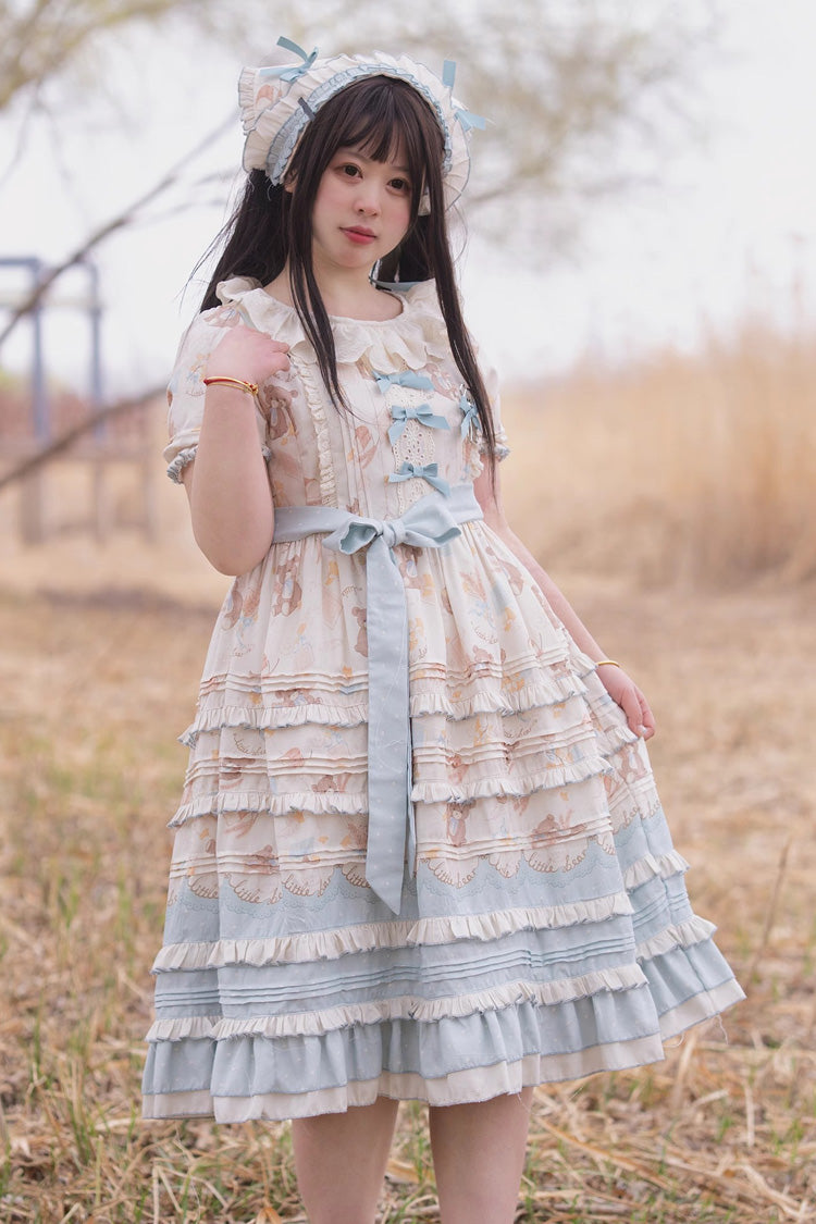 Blue/Apricot Harvest Bear Print Short Sleeves Multi-Layered Ruffle Bowknot Sweet Plus Size Lolita Dress 2 Versions