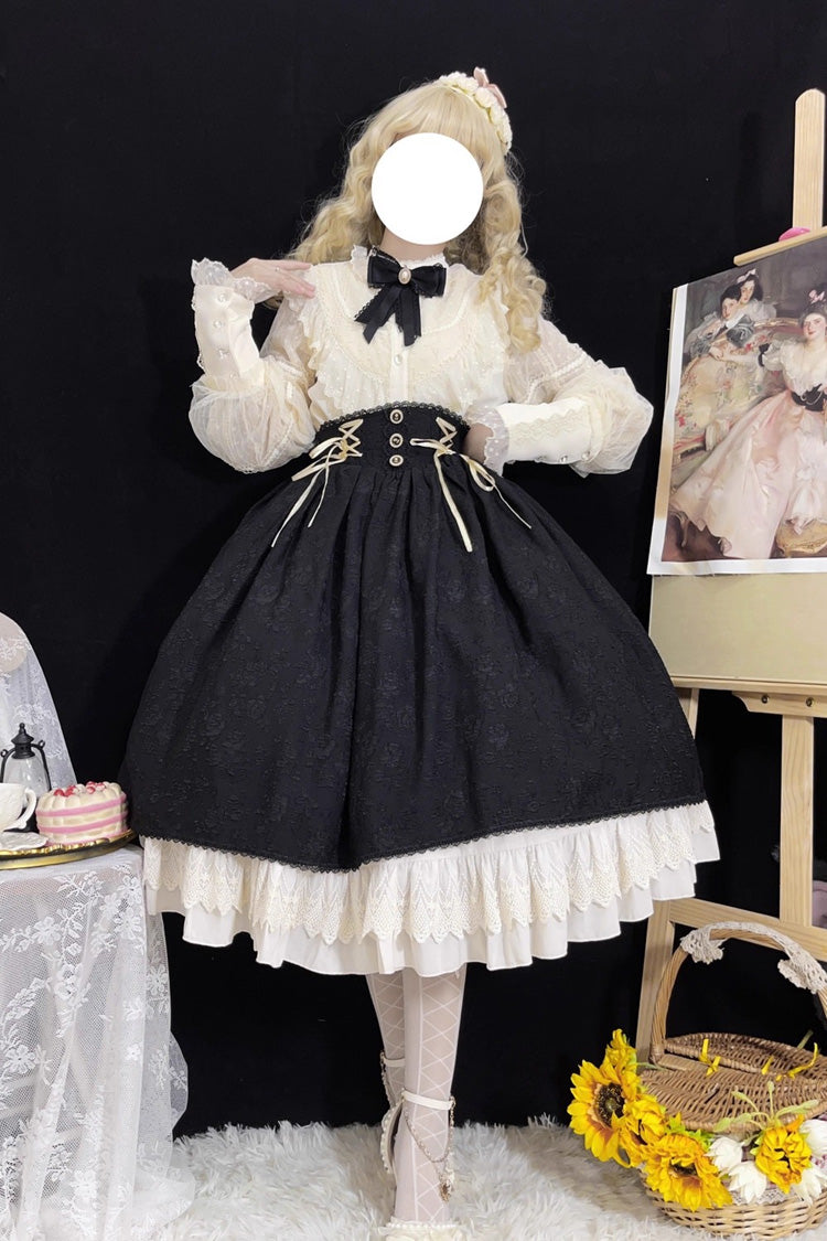 Black Heart of Rose High Waisted Ruffle Embroidery Lace-Up Sweet Vintage Elegant Palace Lolita Skirt