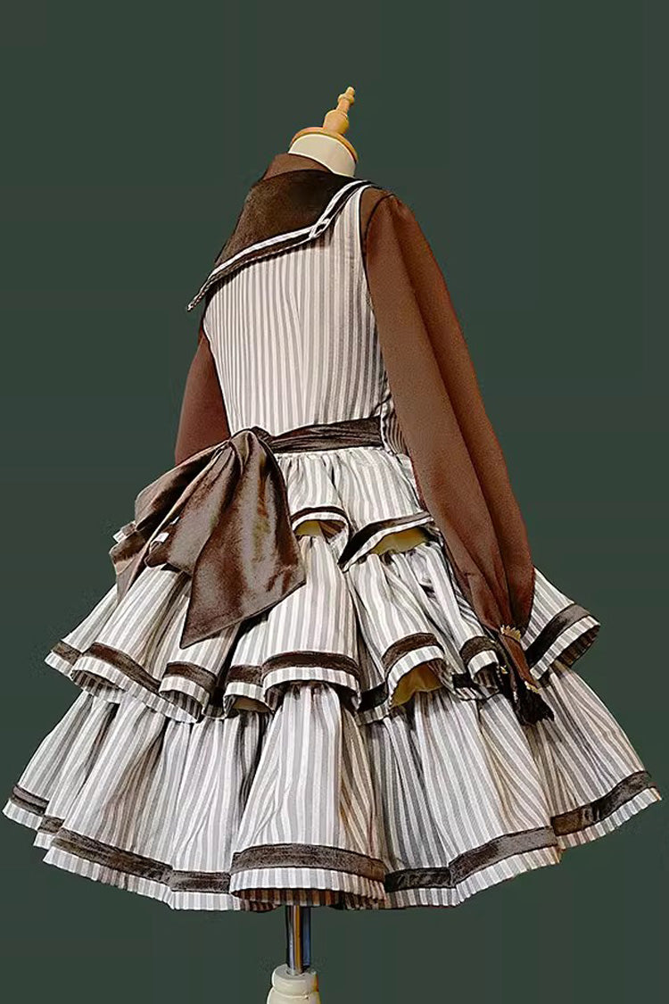 From the Other Side Sleeveless Triple-Layered Vertical Stripes Print Print Ruffle Bowknot Sweet College Style Lolita Jsk Dress
