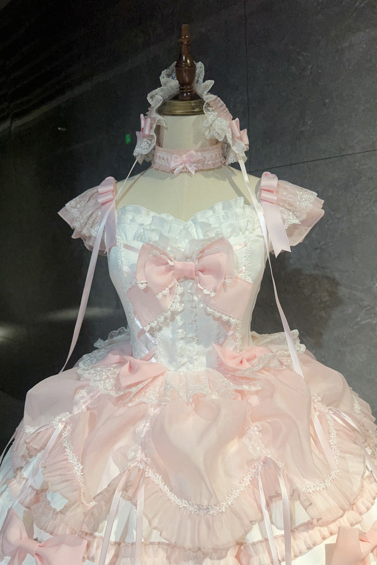 White/Pink Sleeveless Triple-Layered Ruffled Bow Lace Sweet Princess Ballet Lolita Jsk Dress