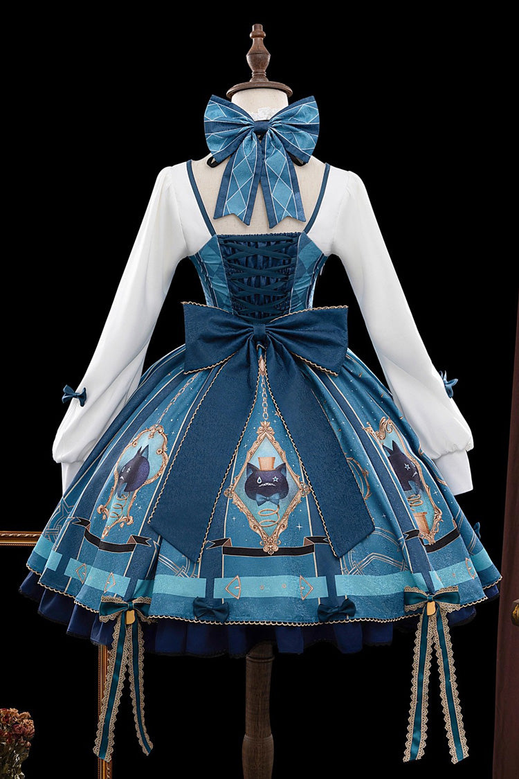 Blue/Green Genshin Impact Lynette Korean Cafe Style Cosplay Long Sleeves Print Bowknot Lace Sweet Lolita Dress Set