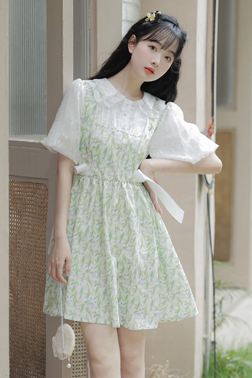 Green Doll Collar Puff Short Sleeve Chiffon Floral Print High Waisted Sweet Lolita Dress